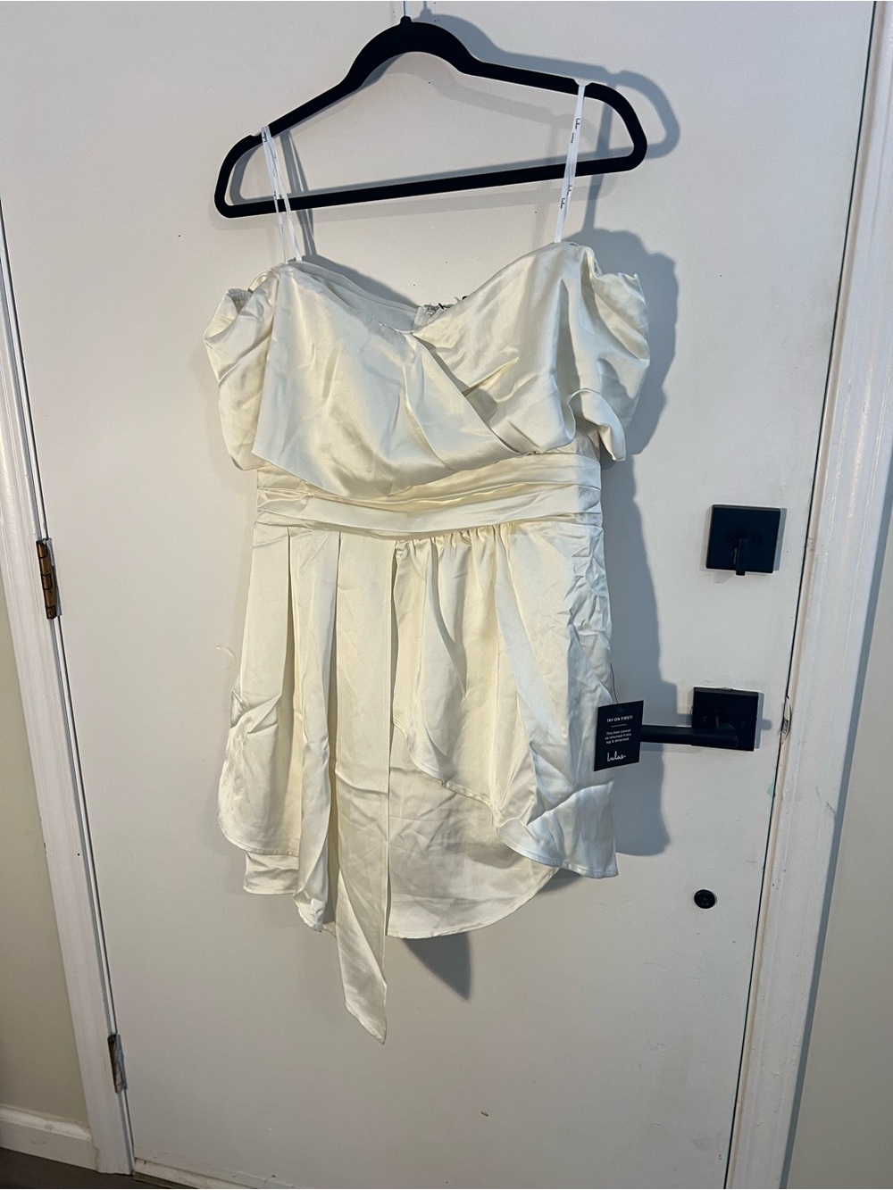 Lulu's Cream Satin Off-Shoulder Ruffle Slip Dress